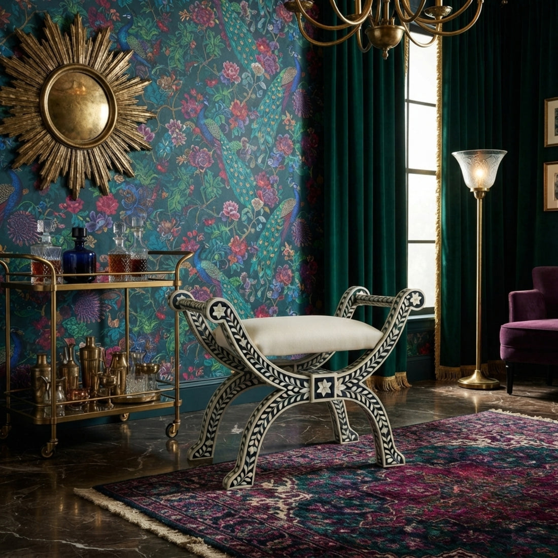 An ornate black and white carved bench with a cream cushion sits in a richly decorated room with floral wallpaper, a gold sunburst mirror, a brass bar cart, dark green curtains, and a purple rug.