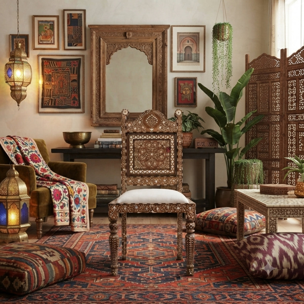 An ornate carved wooden chair with a white upholstered seat is centered in a richly decorated bohemian-style room with patterned rugs, cushions, lanterns, framed wall art, and plants.
