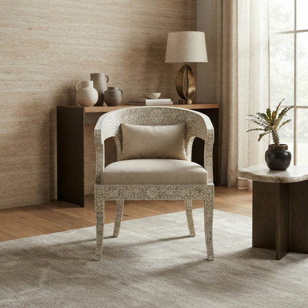 Handmade Bone Inlay Barrel Accent Chair – Floral Inlay Chair