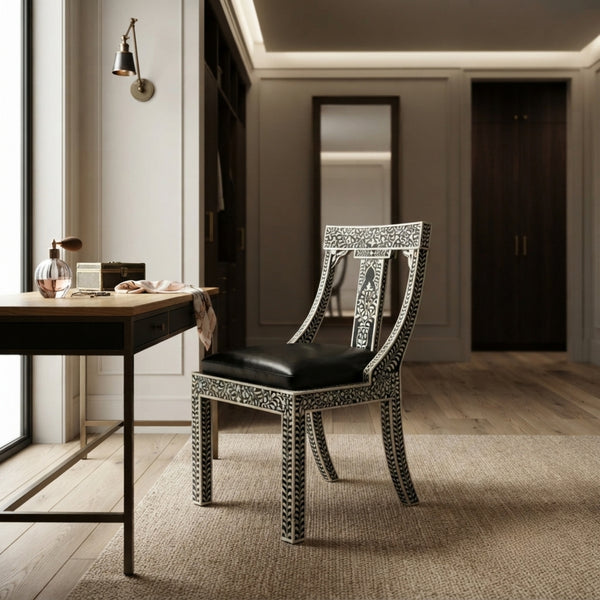 Black & White Bone Inlay Accent Chair – Floral Design