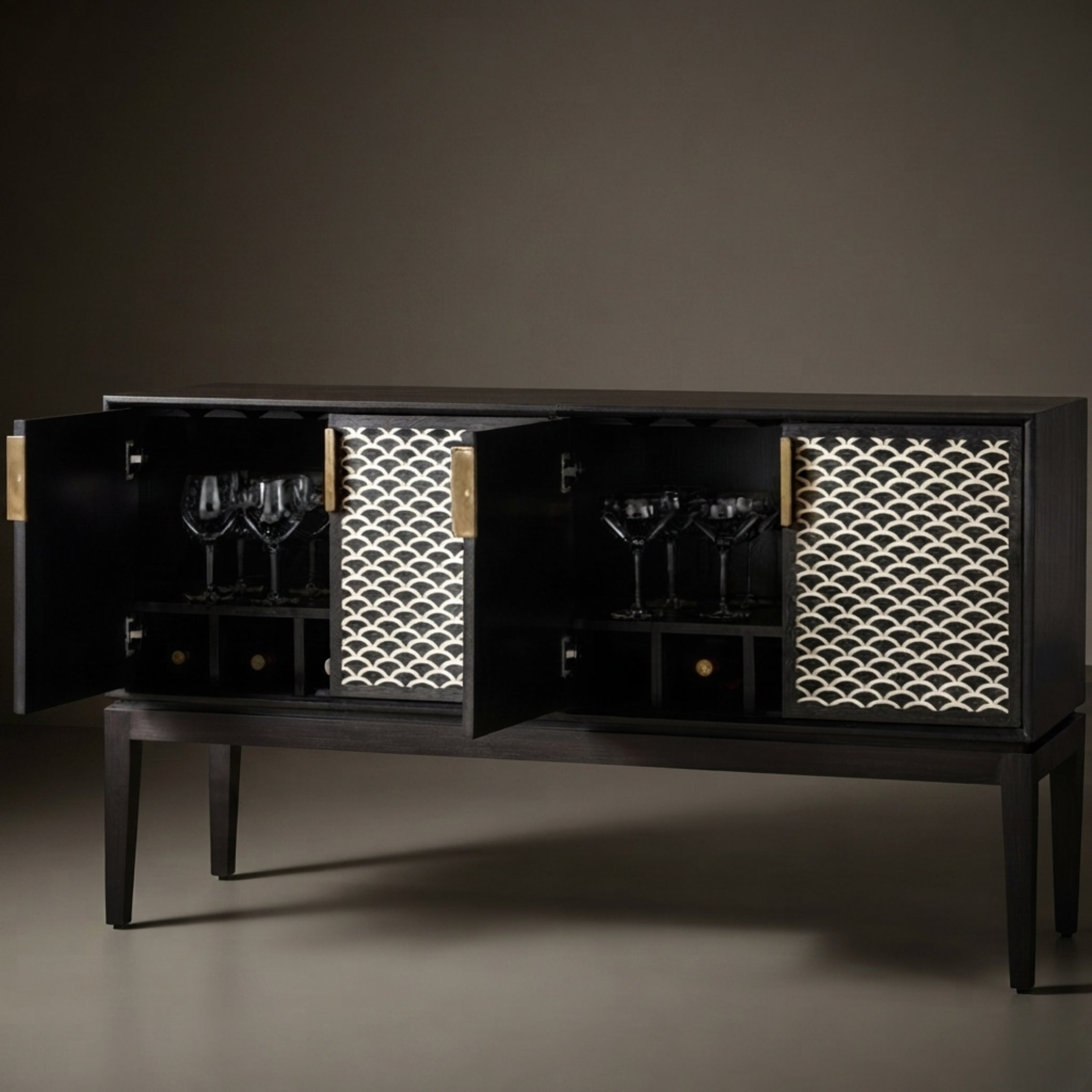 Handcrafted Bone Inlay Sideboard, 4-Door Fish Scale Cabinet
