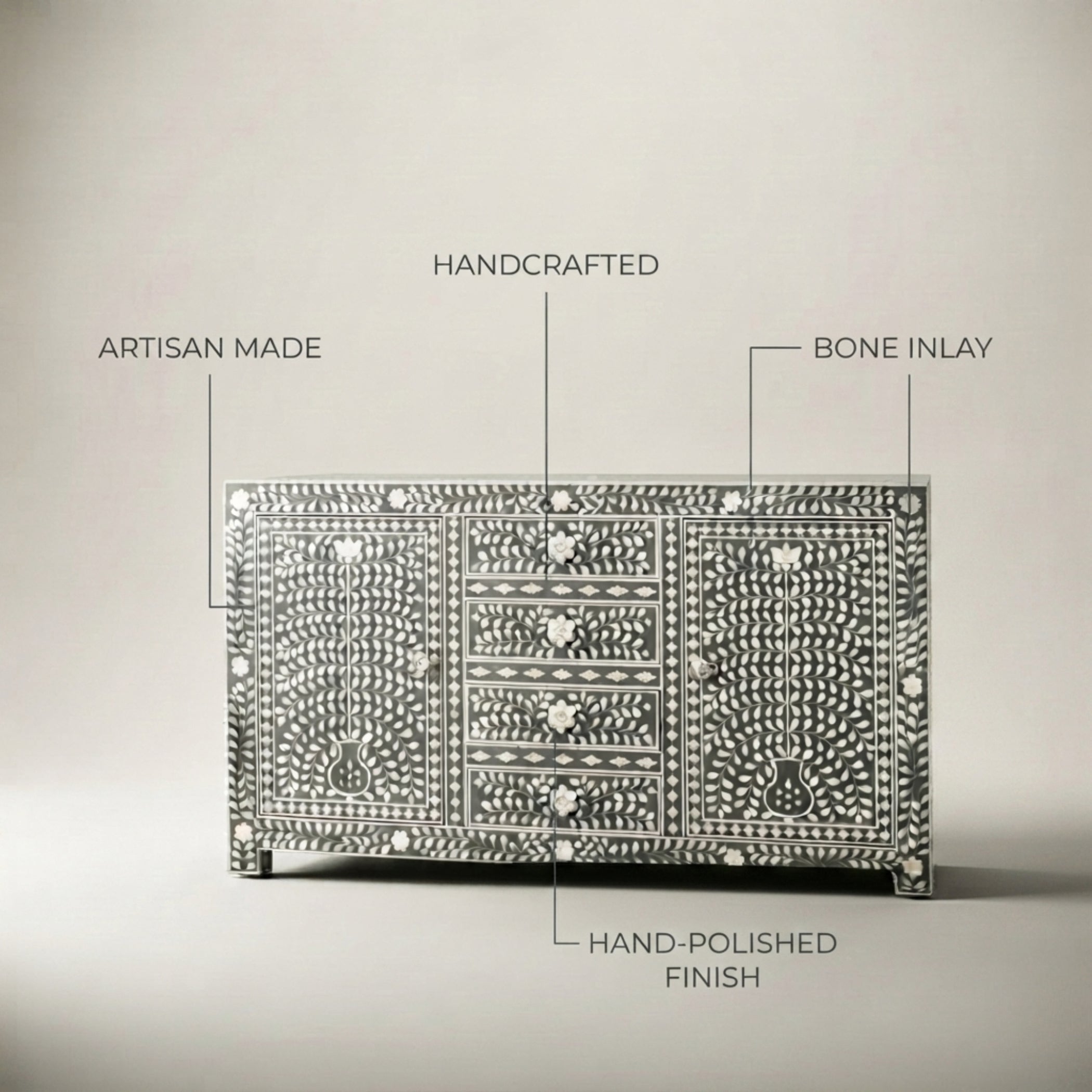 A decorative bone-inlay chest of drawers shown against a light gray studio background, with overlaid text labels pointing to artisan-made construction, handcrafted details, bone inlay, and hand-polished finish.