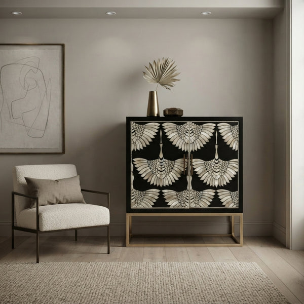 Black Bone Inlay Crane Sideboard with Gold Metal Base Decor