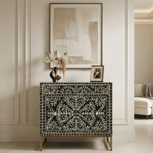 Black Scroll Vine Bone Inlay Luxury Entryway Cabinet | The Regal Art