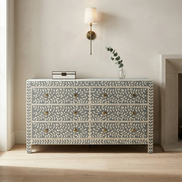 Grey Bone Inlay 6 Drawer Dresser for Bedroom Storage
