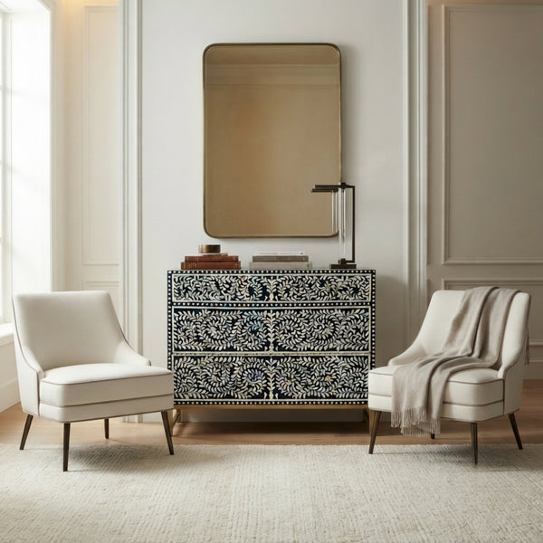 Handcrafted Navy Spiral Design Luxury Bone Inlay Chest of Drawers