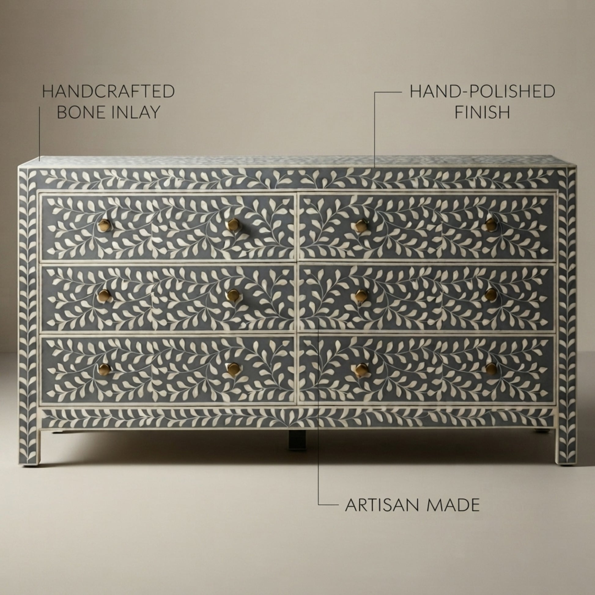 A six-drawer dresser with a hand-painted bone inlay pattern in gray and white, featuring brass knobs and labeled text overlays highlighting its handcrafted bone inlay, hand-polished finish, and artisan made quality.