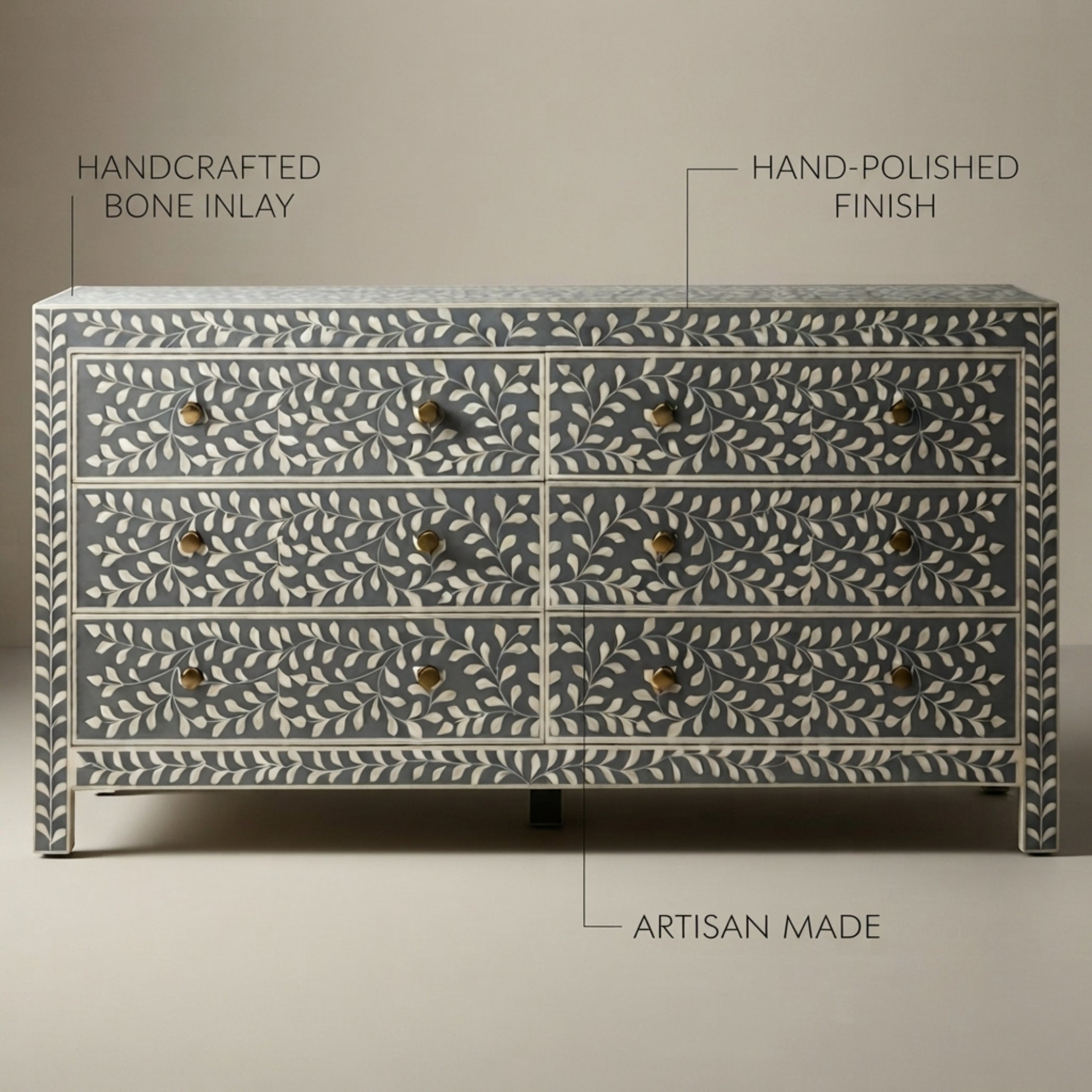 A six-drawer dresser with a hand-painted bone inlay pattern in gray and white, featuring brass knobs and labeled text overlays highlighting its handcrafted bone inlay, hand-polished finish, and artisan made quality.