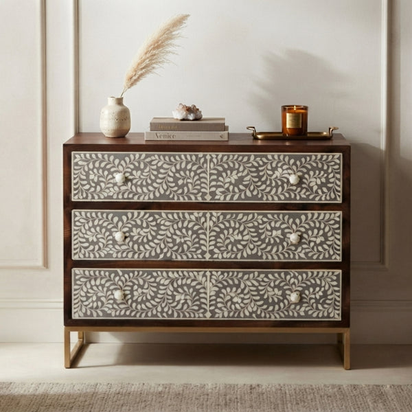 Grey  Bone Inlay Chest of 3 Drawers – Floral | The Regal Art