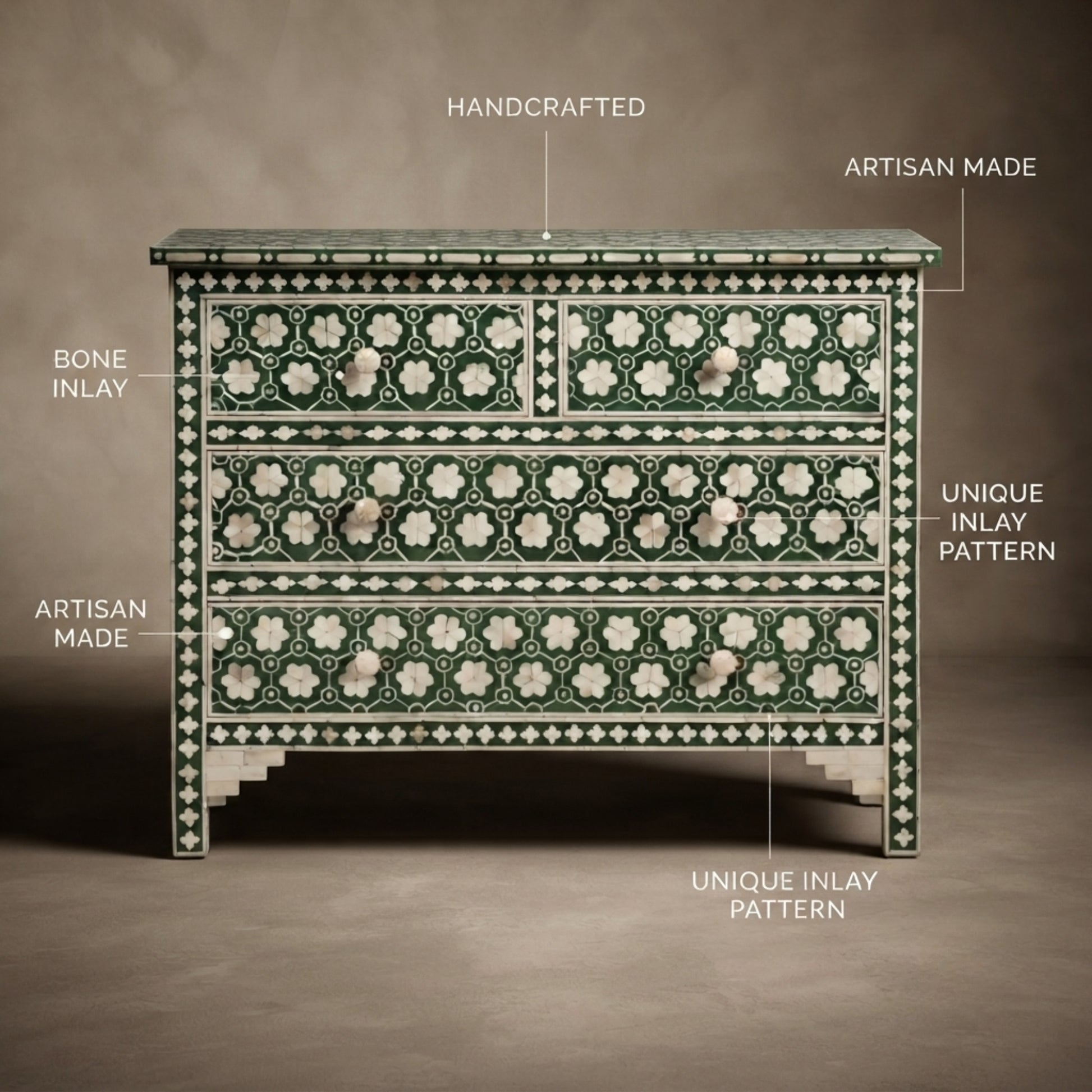 An ornate green and ivory bone-inlay chest of drawers shown against a warm brown studio background, with callout labels highlighting handcrafted details, artisan made construction, and unique inlay patterns.