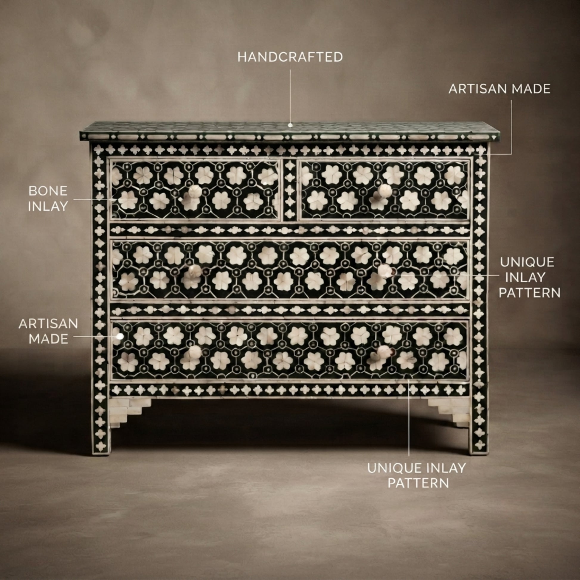 An ornate black and bone-inlay chest of drawers shown against a warm brown studio background, with callout labels pointing to handcrafted details, bone inlay, and unique inlay patterns.