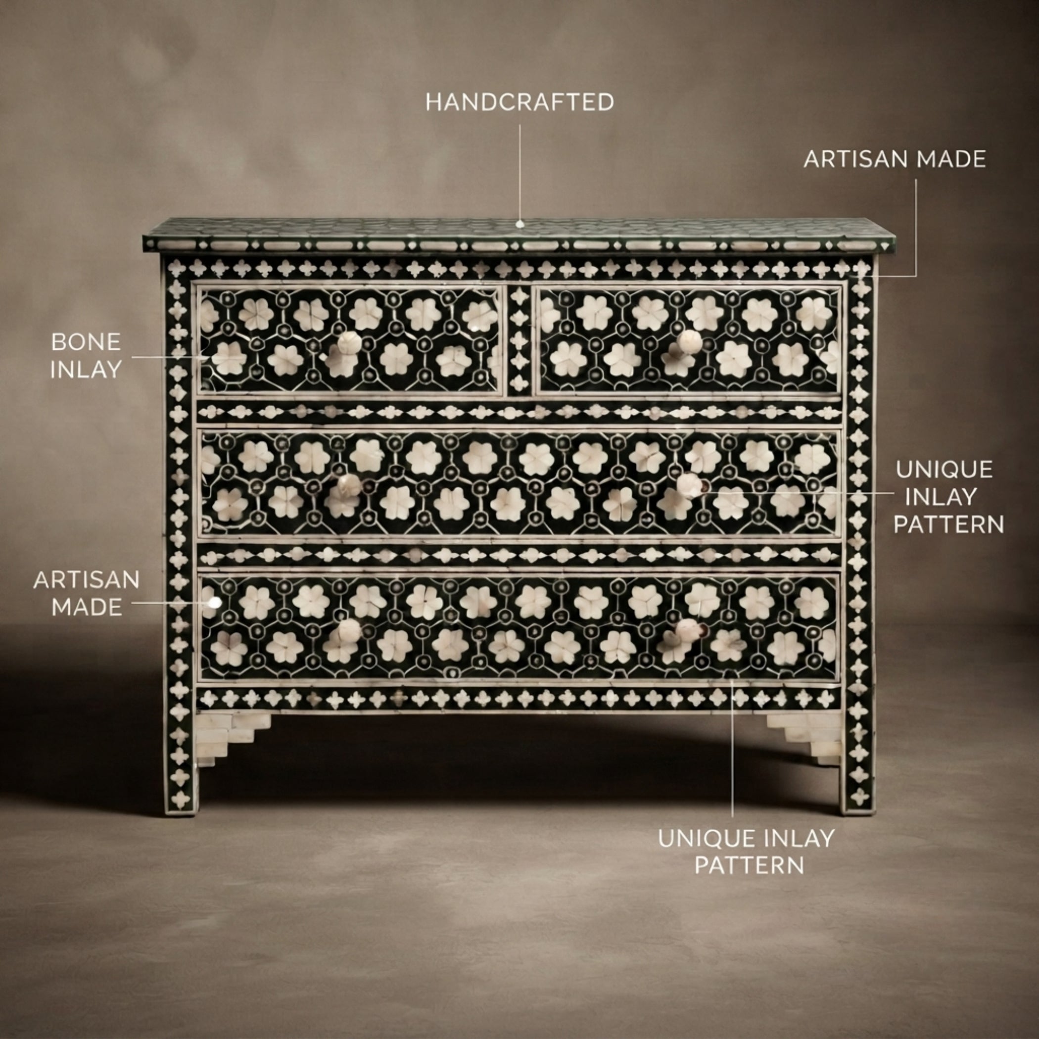 An ornate black and bone-inlay chest of drawers shown against a warm brown studio background, with callout labels pointing to handcrafted details, bone inlay, and unique inlay patterns.