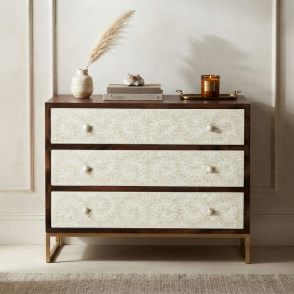 White Bone Inlay Chest of 3 Drawers – Floral | The Regal Art