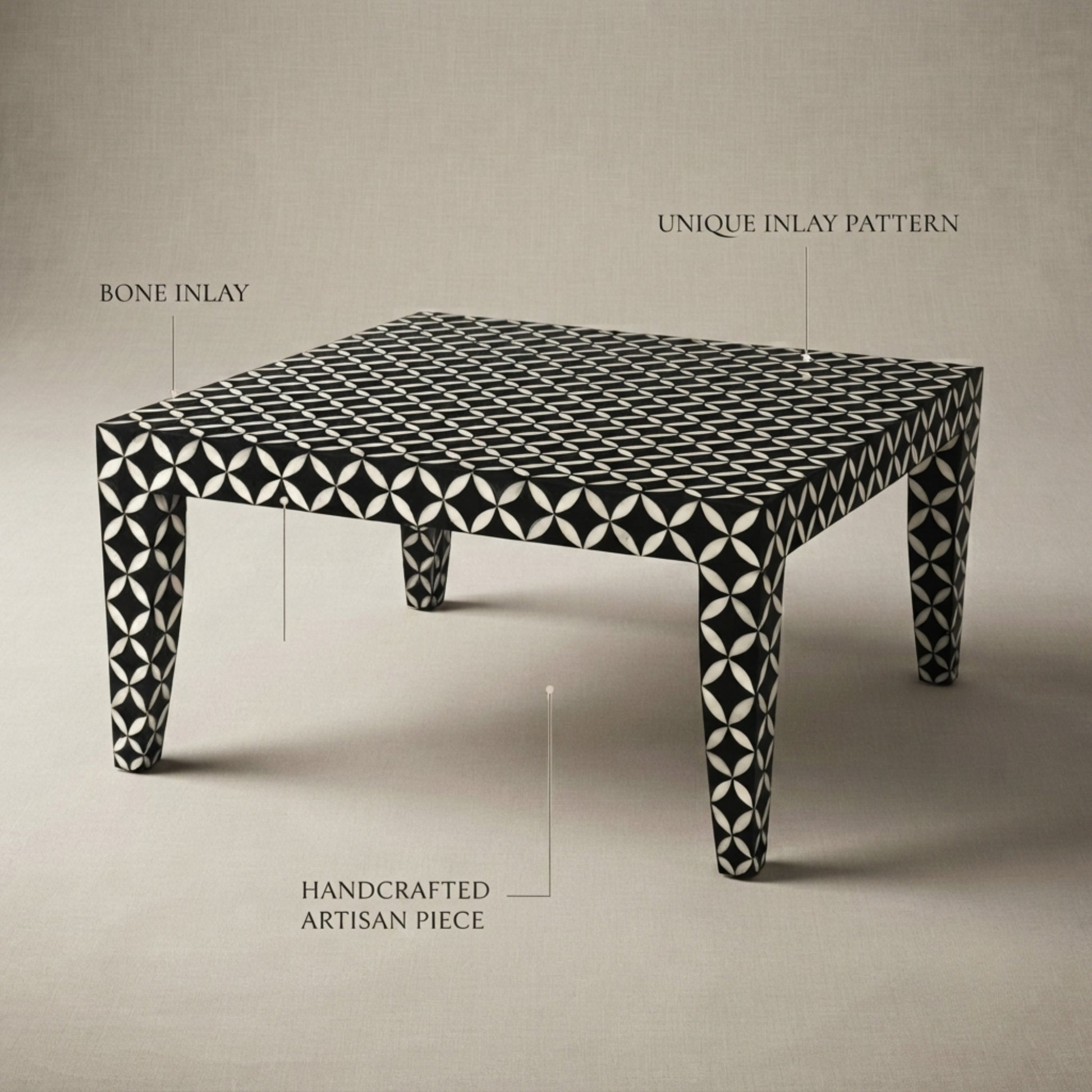 A square black-and-white patterned table with bone inlay, shown on a neutral beige background with text callouts reading 'BONE INLAY,' 'UNIQUE INLAY PATTERN,' 'HANDCRAFTED ARTISAN PIECE,' and 'BONE INLAY.'.