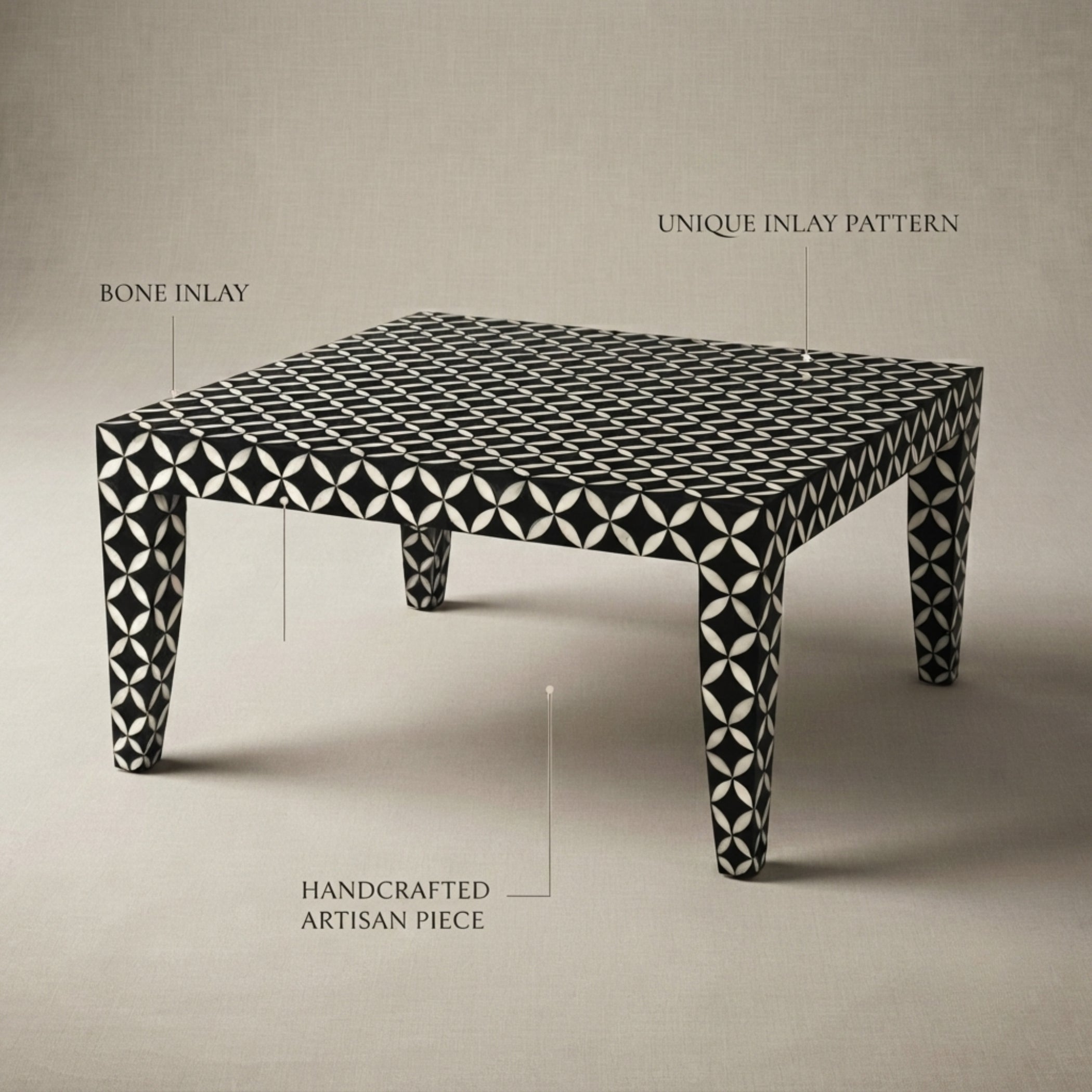 A square black-and-white patterned table with bone inlay, shown on a neutral beige background with text callouts reading 'BONE INLAY,' 'UNIQUE INLAY PATTERN,' 'HANDCRAFTED ARTISAN PIECE,' and 'BONE INLAY.'.