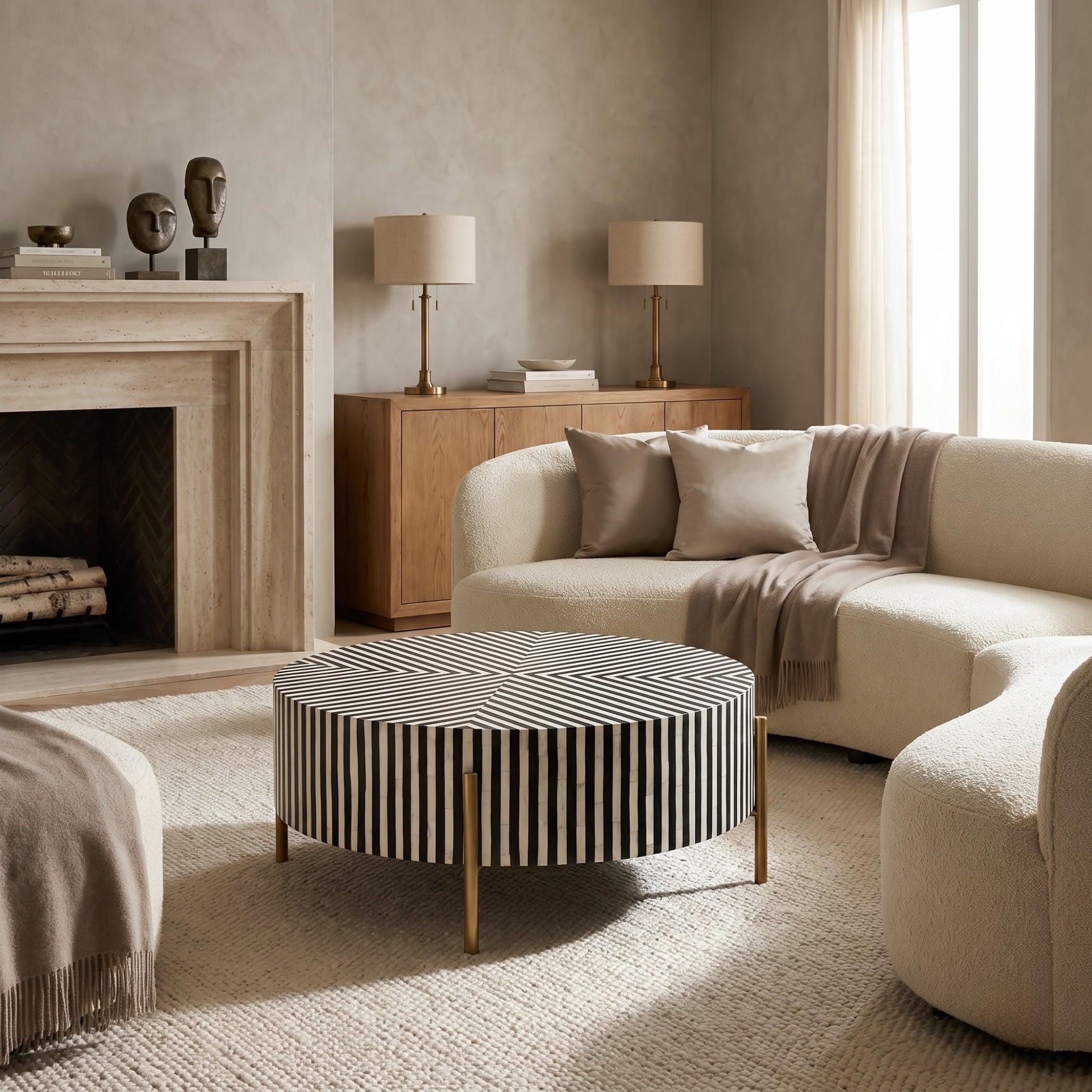 A modern living room scene featuring a round coffee table with a black and white striped pattern and gold legs, styled in a warm, neutral-toned interior with a cream boucle sofa, beige throw blanket, and a light wood fireplace.