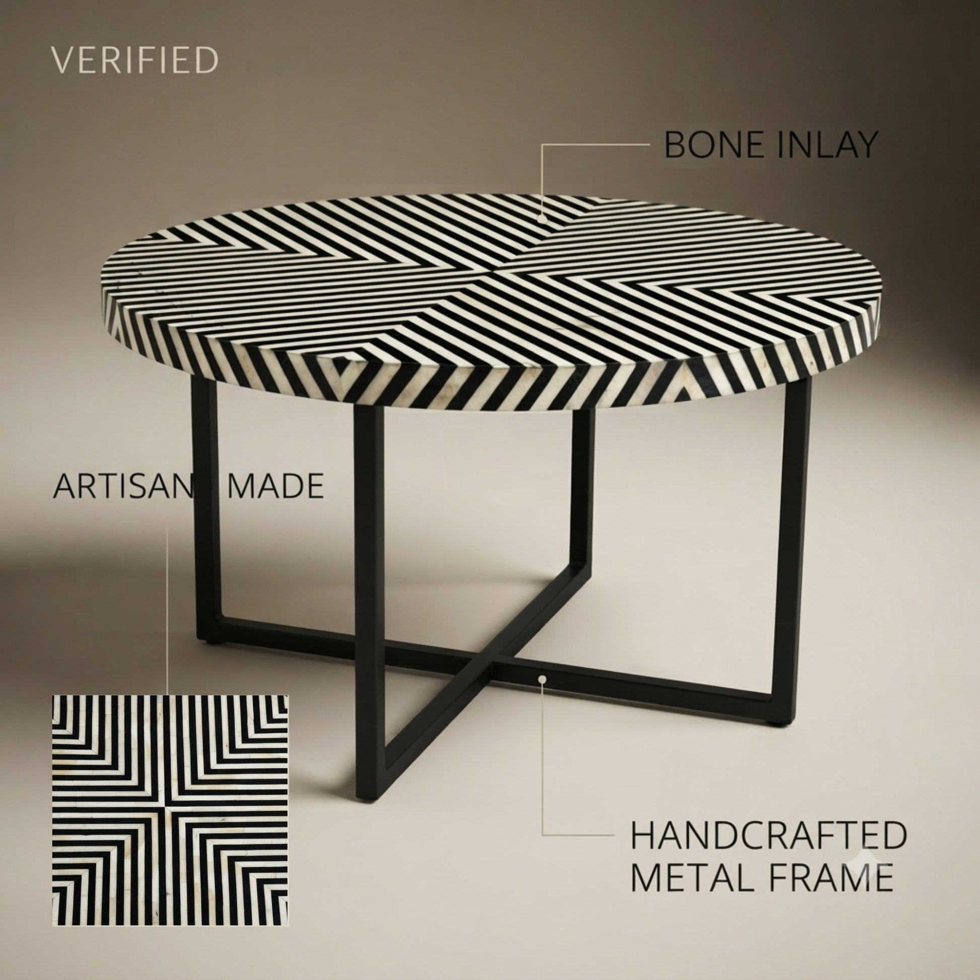 Round dining table with a black and white striped bone inlay top and a black metal frame, shown with callout labels including 'VERIFIED', 'BONE INLAY', 'ARTISAN MADE', and 'HANDCRAFTED METAL FRAME'.