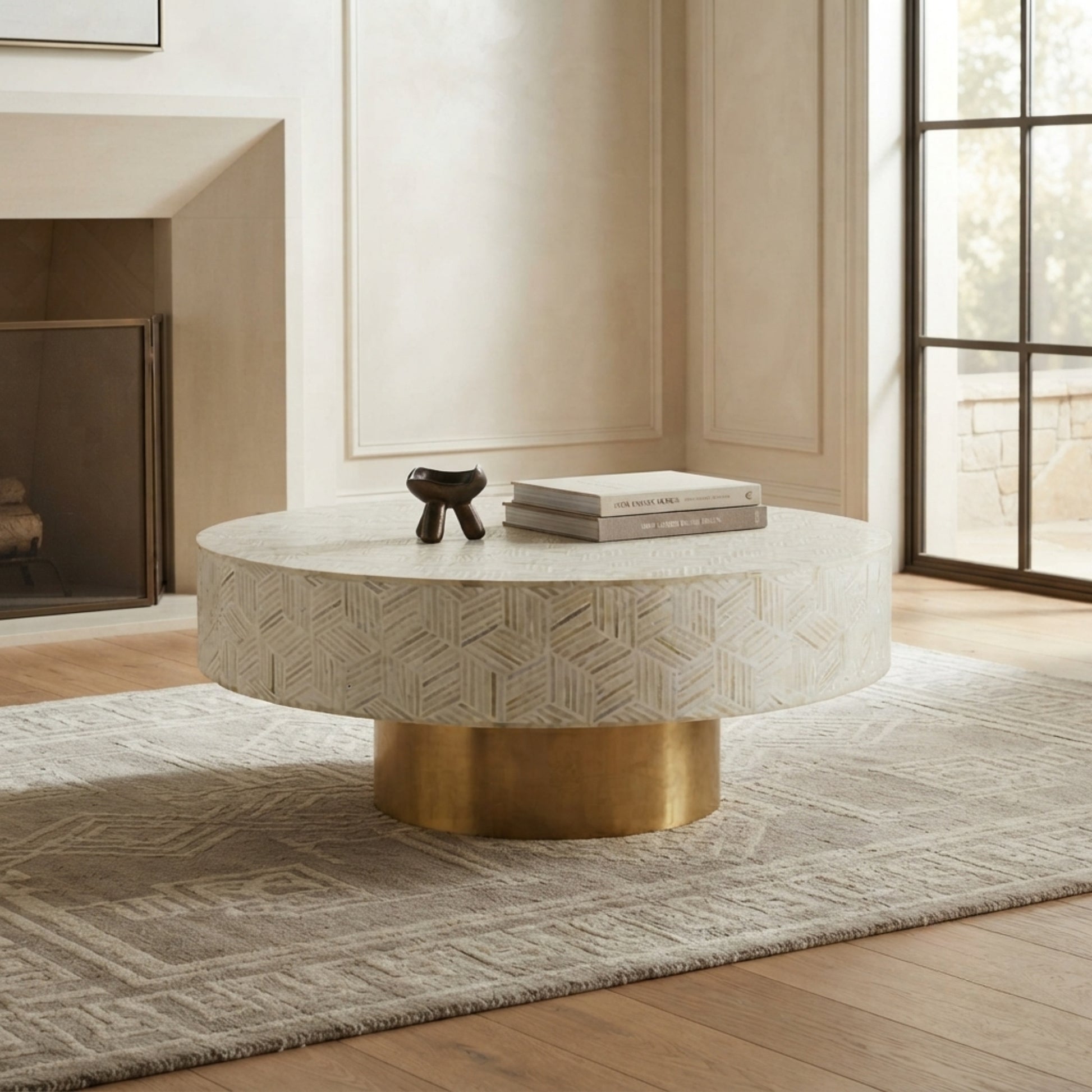 A round coffee table with a textured cream stone top and a brushed gold metal base, styled in a modern living room setting on a patterned rug.