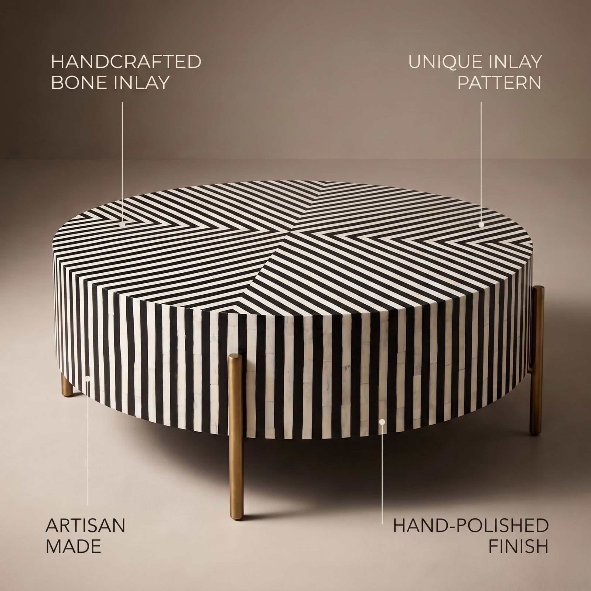 Round coffee table with a black and white striped bone-inlay pattern and slim gold metal legs, shown against a neutral beige background with feature callout text overlays.