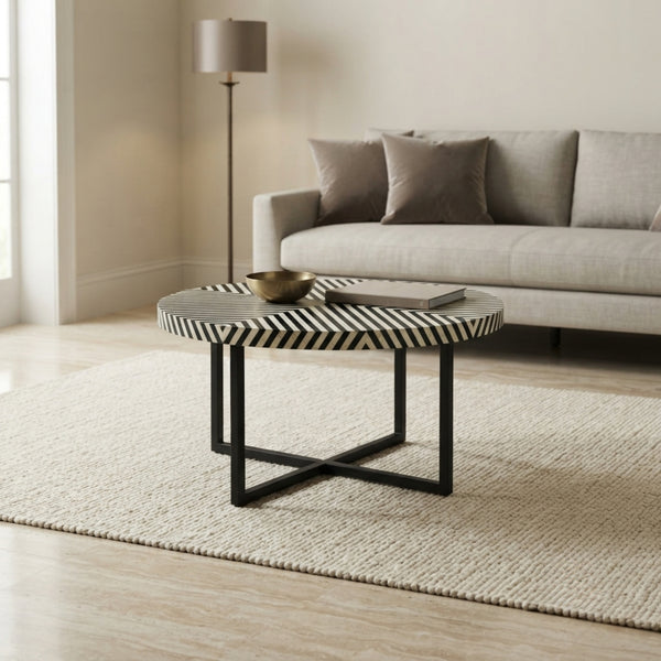 Black & White Bone Inlay Round Coffee Table with Metal Base
