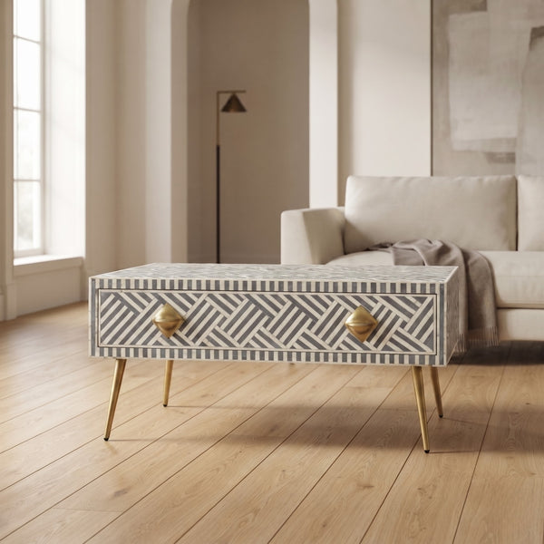 Bone Inlay Optical Coffee Table with Drawers – Gray & White Decor