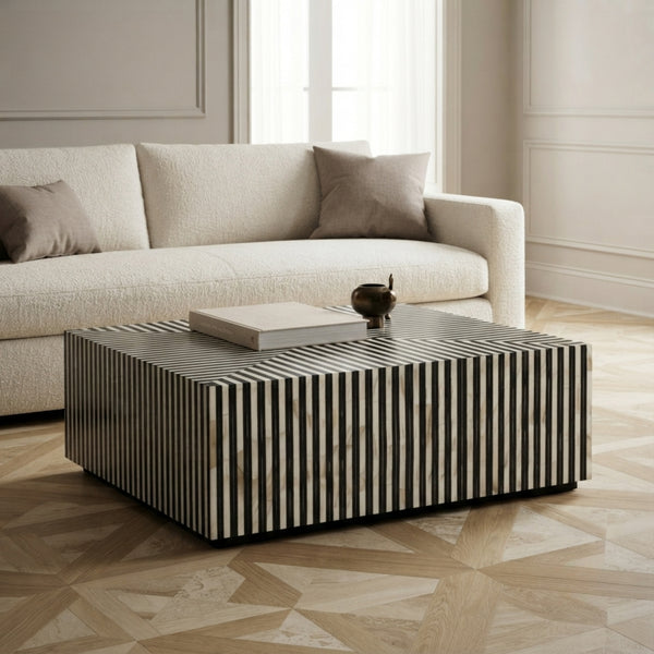 Black & White Striped Bone Inlay Square Center Coffee Table