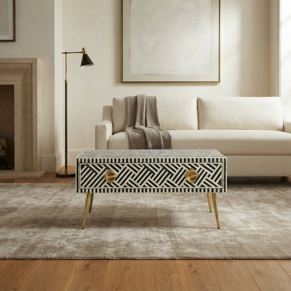 Bone Inlay Optical Coffee Table with Drawers – Black & White Decor