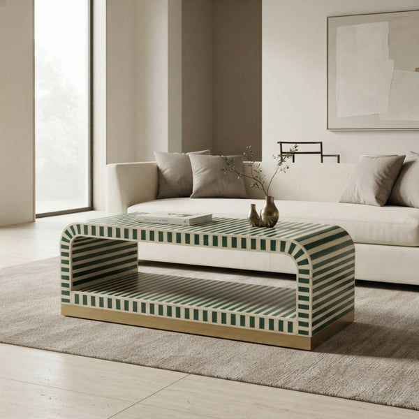Green & White Bone Inlay Coffee Table – Modern Boho Style