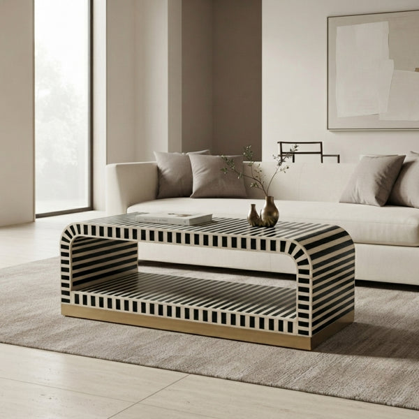 Black & White Bone Inlay Coffee Table – Modern Boho Style