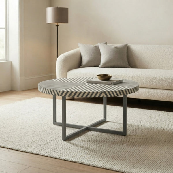 Gray & White Bone Inlay Round Coffee Table with Metal Base