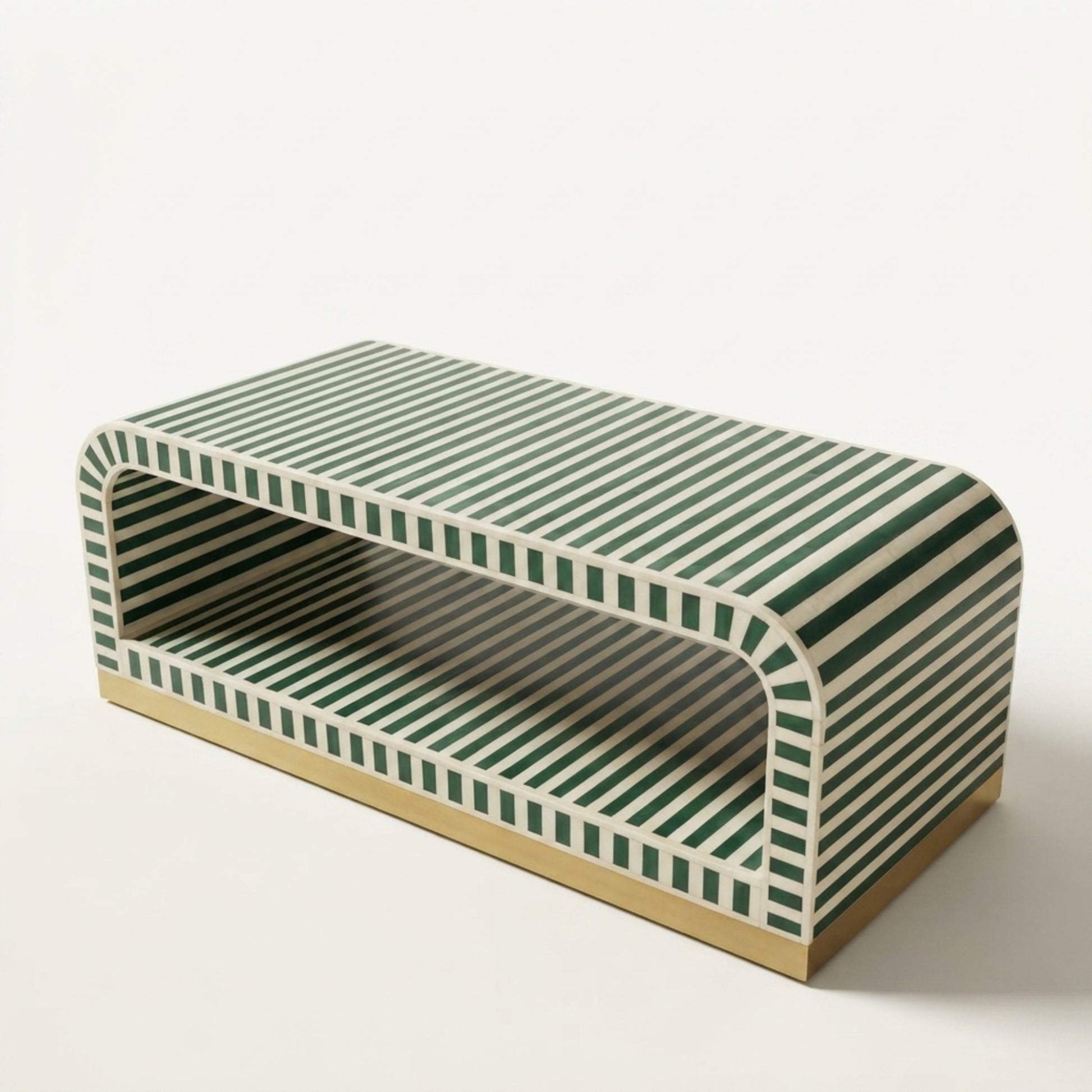 A modern storage bench with a green and cream striped pattern and a light wood base, shown on a clean white background.