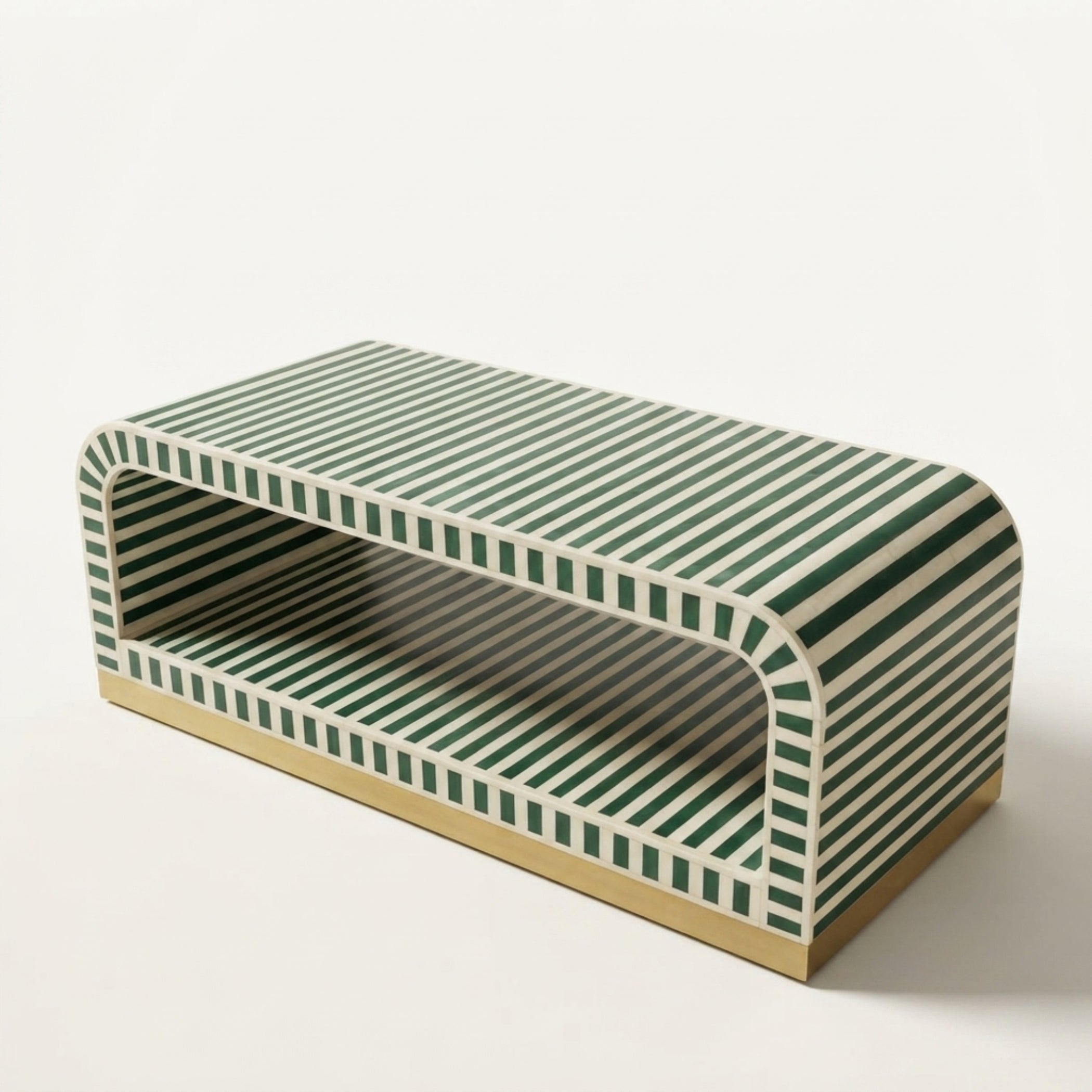 A modern storage bench with a green and cream striped pattern and a light wood base, shown on a clean white background.