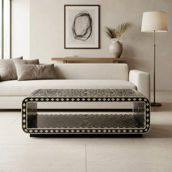 Black & White Floral Bone Inlay Coffee Table – Luxury Decor