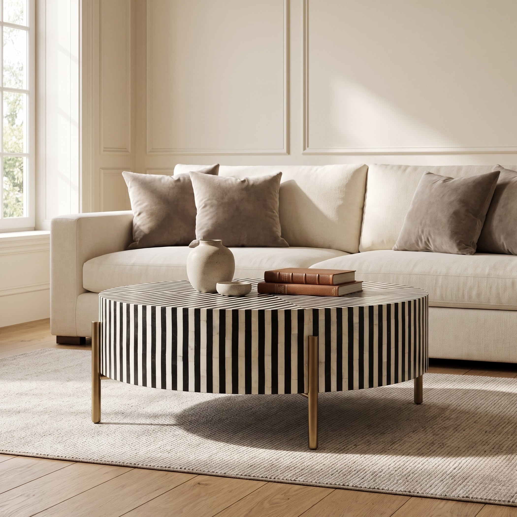 A round coffee table with black and white vertical stripes and gold legs, styled in a bright, modern living room in front of a cream-colored sofa.