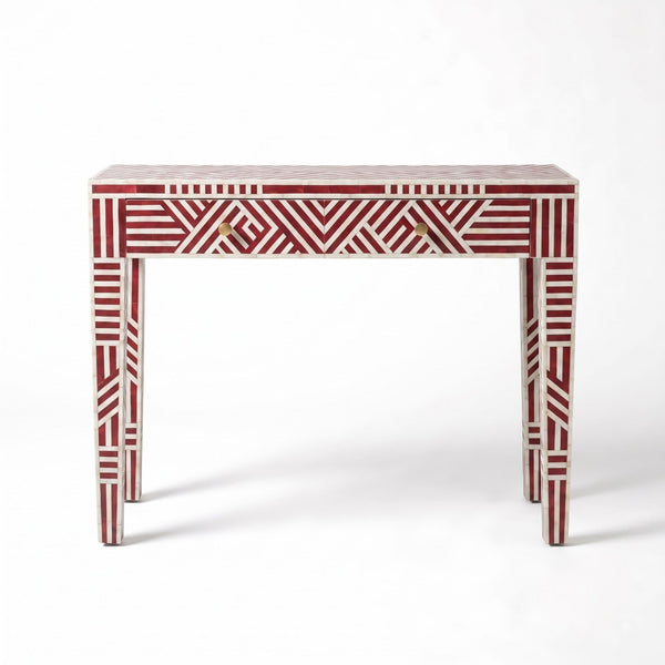 Handmade Red Bone Inlay Console Table – Geometric Entryway Table
