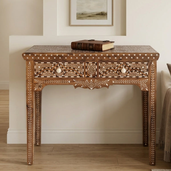 Handcrafted Teak Wood Bone Inlay Writing Desk – Brown Floral Design