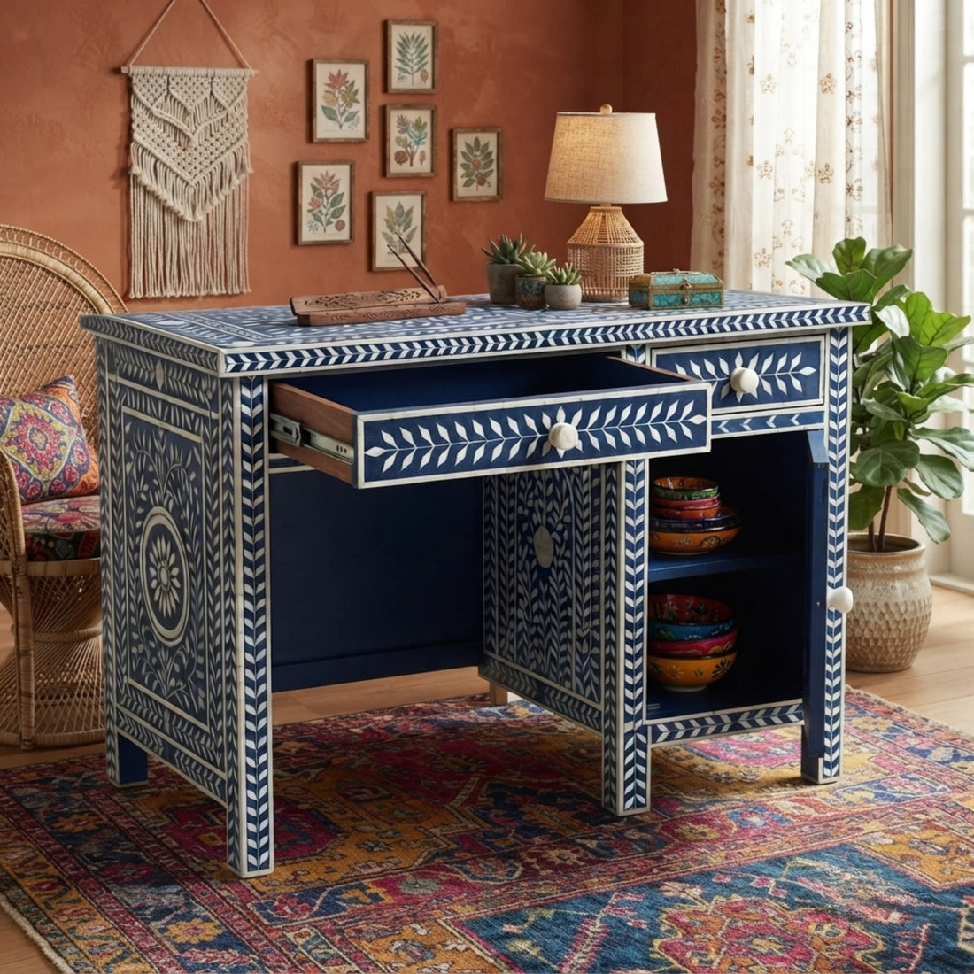 A navy blue and white bohemian-style wooden writing desk with intricate bone-inlay patterns, shown in a decorated room setting with a patterned rug, plants, and wall art.