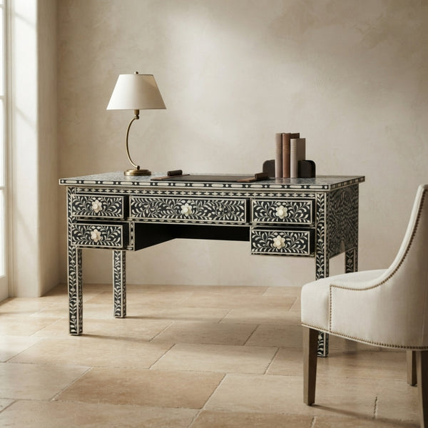 Black Floral Bone Inlay Computer Desk – Handmade Luxury
