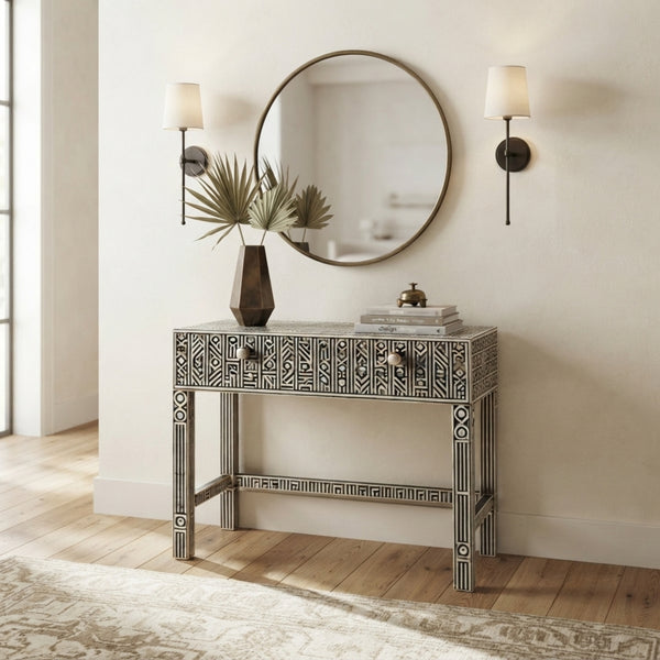 Tribal Geometric Bone Inlay Writing Desk