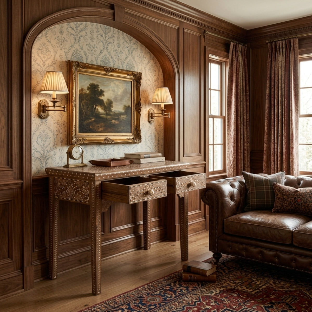 An ornate carved wooden console table with two open drawers, set against a wood-paneled wall with wallpaper, a framed landscape painting, and two wall sconces. A brown leather sofa and patterned rug are visible in the adjacent room.