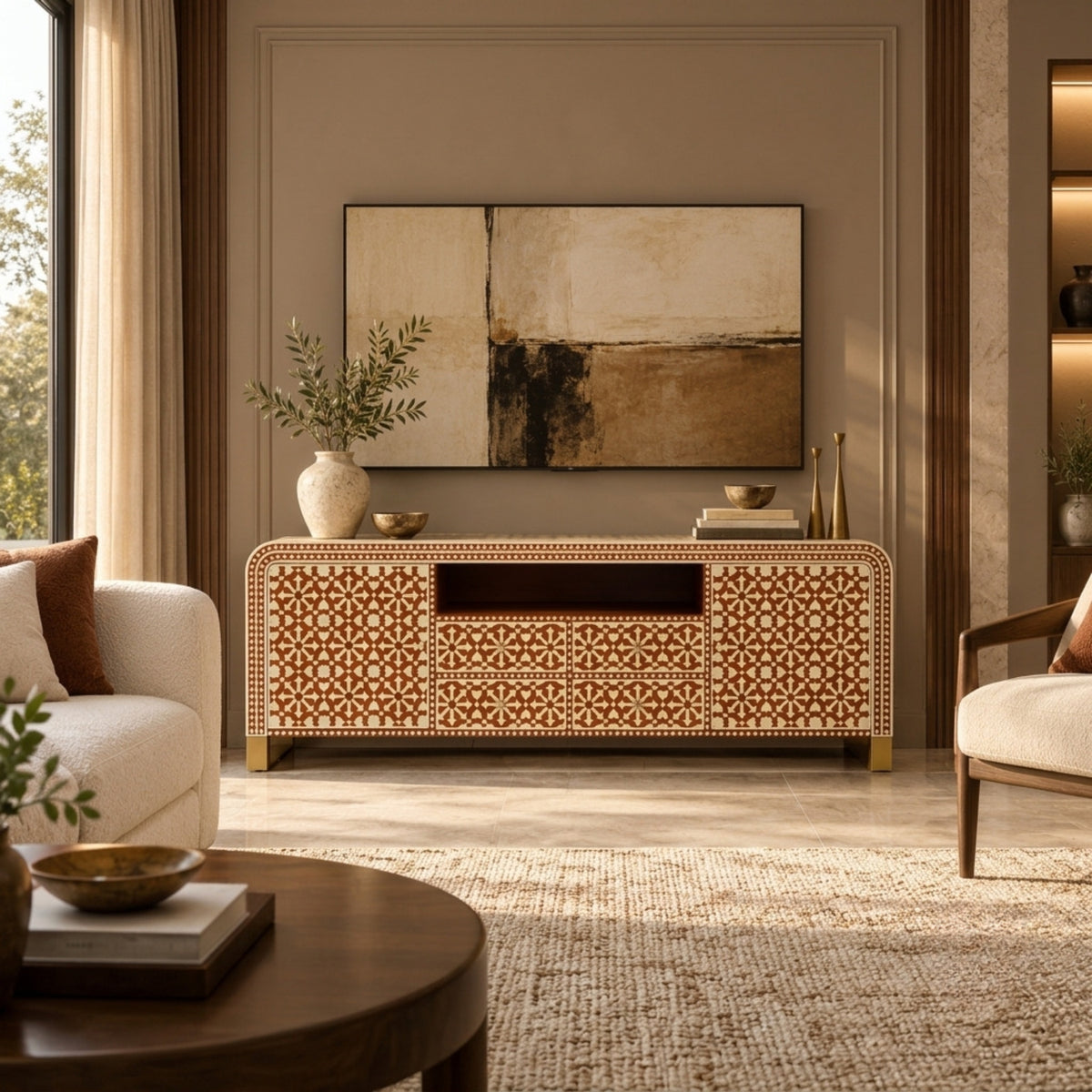 A modern media console in a warm brown and beige geometric pattern, styled in a luxurious living room with a wall-mounted abstract canvas, a vase of greenery, and surrounding furniture.