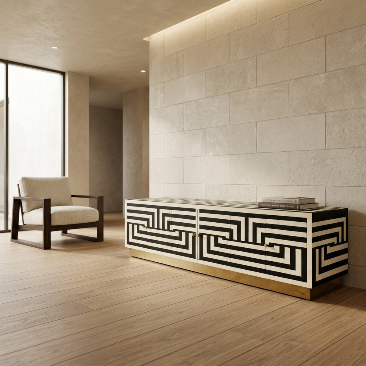 A modern console table with a black and white geometric Greek key pattern and a gold-toned base, styled in a minimalist, warm-toned room next to a white armchair.