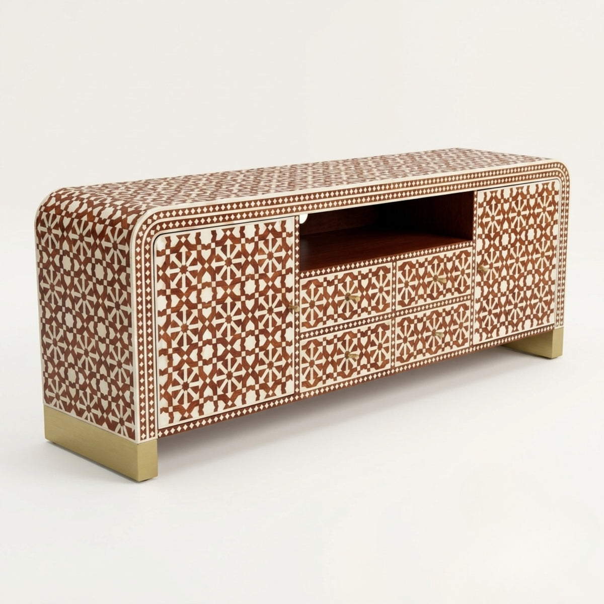 A modern sideboard or TV stand with a brown and beige geometric bone-inlay pattern and gold metal legs, shown on a plain white background.