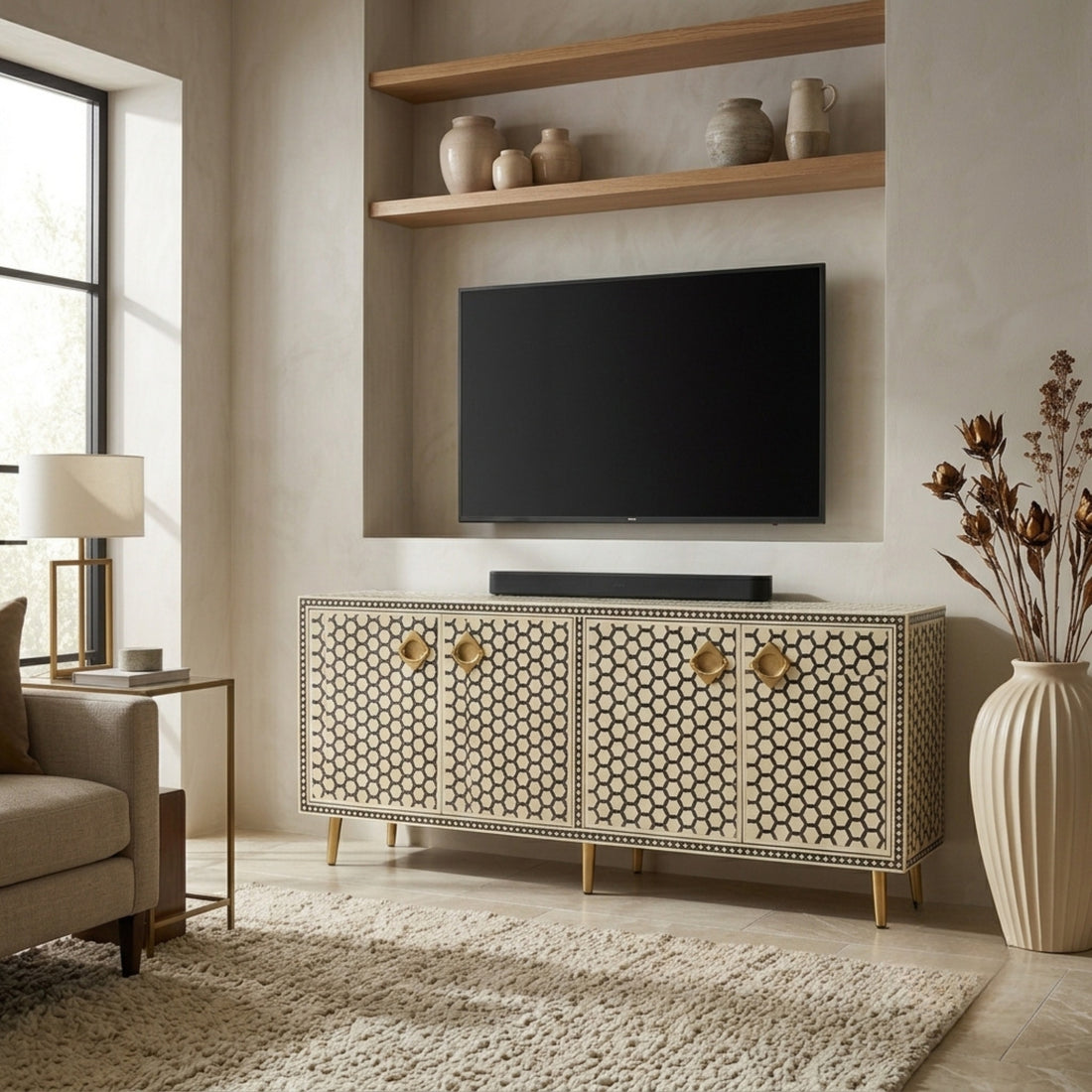 A long sideboard cabinet with a black and beige geometric bone-inlay pattern, featuring four doors with gold-tone medallion handles and slim gold legs, shown on a light beige background.