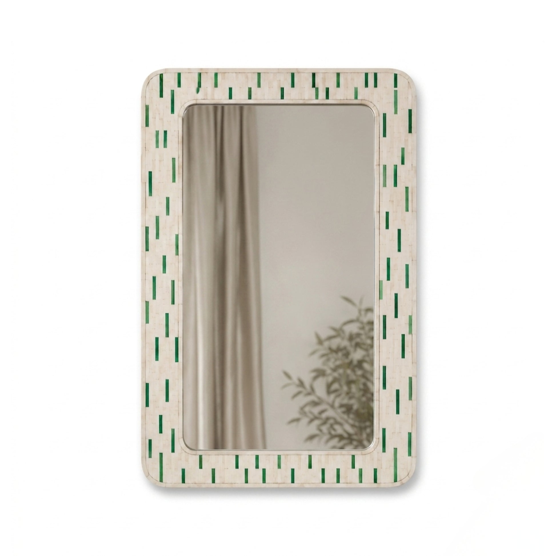 A rectangular wall mirror with a light beige textured frame featuring a green dashed vertical line pattern, shown against a plain white background.