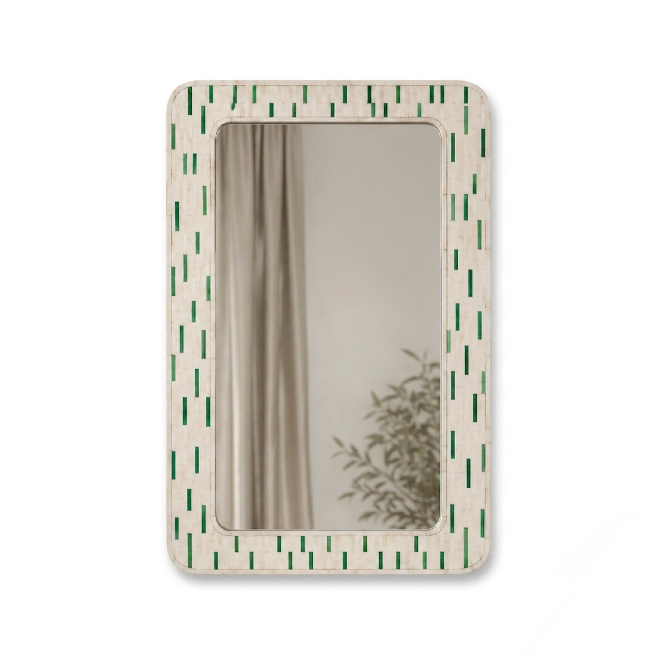 A rectangular wall mirror with a light beige textured frame featuring a green dashed vertical line pattern, shown against a plain white background.