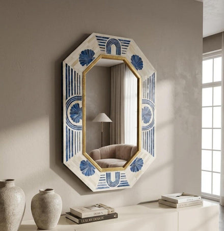 Blue Bone Inlay Octagon Wall Mirror with Brass Detail - Handmade Geometric Coastal Decor | The Regal Art