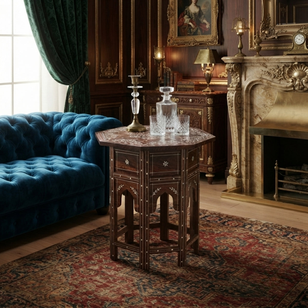 An ornate dark wood octagonal end table with a reddish-brown marble top, styled in a luxurious vintage living room next to a blue velvet sofa and in front of a fireplace.