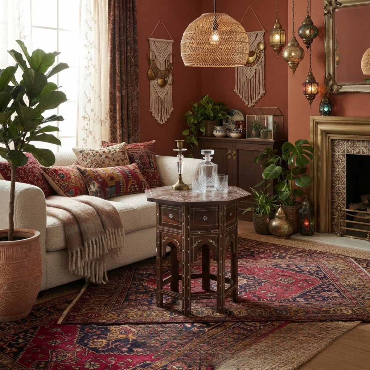 A styled bohemian living room featuring a cream sofa with patterned pillows, a dark wood octagonal side table, a large red and blue oriental area rug, a potted fiddle-leaf fig, and warm ambient lighting from woven and brass hanging lamps.