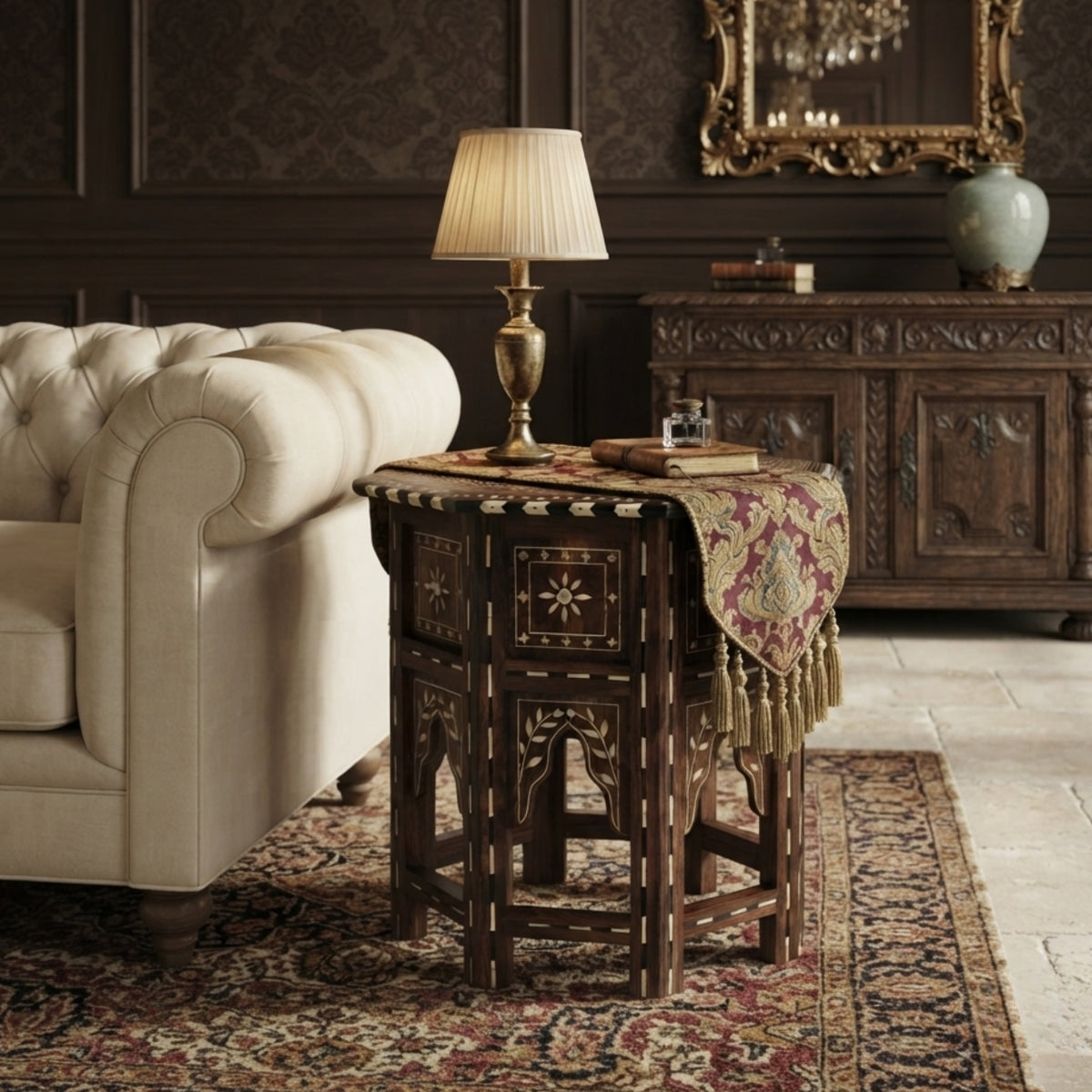 An ornate dark wood side table with carved details and a draped patterned throw blanket, styled in a classic living room next to a cream tufted armchair and holding a brass table lamp.